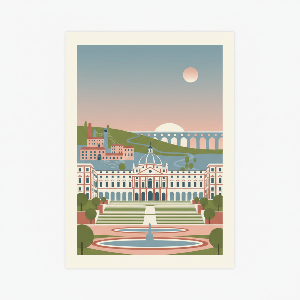 18th-Century Royal Palace at Caserta with the Park, the Aqueduct of Vanvitelli, and the San Leucio Complex — illustrated travel poster