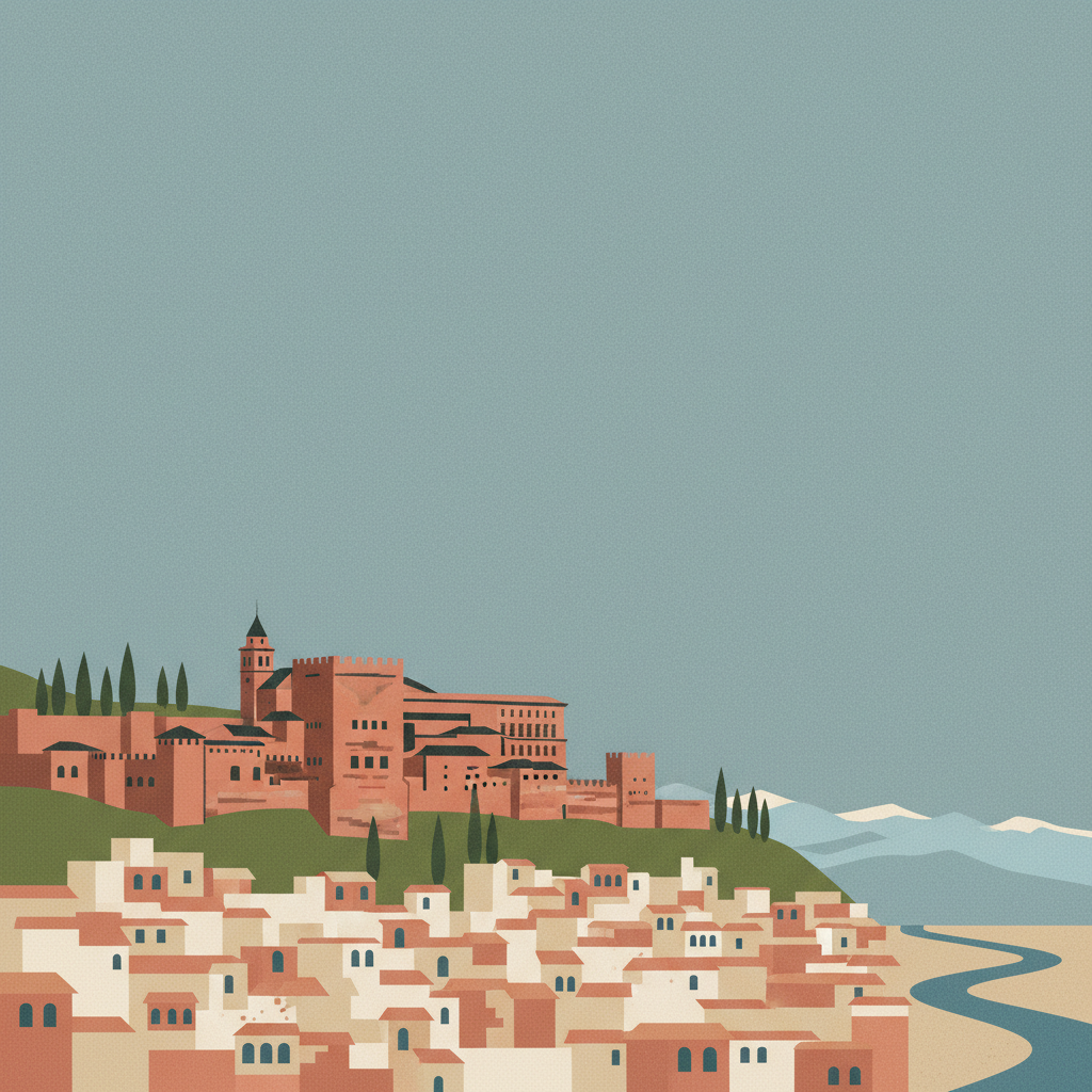 Alhambra, Generalife and Albayzín, Granada — illustrated travel poster