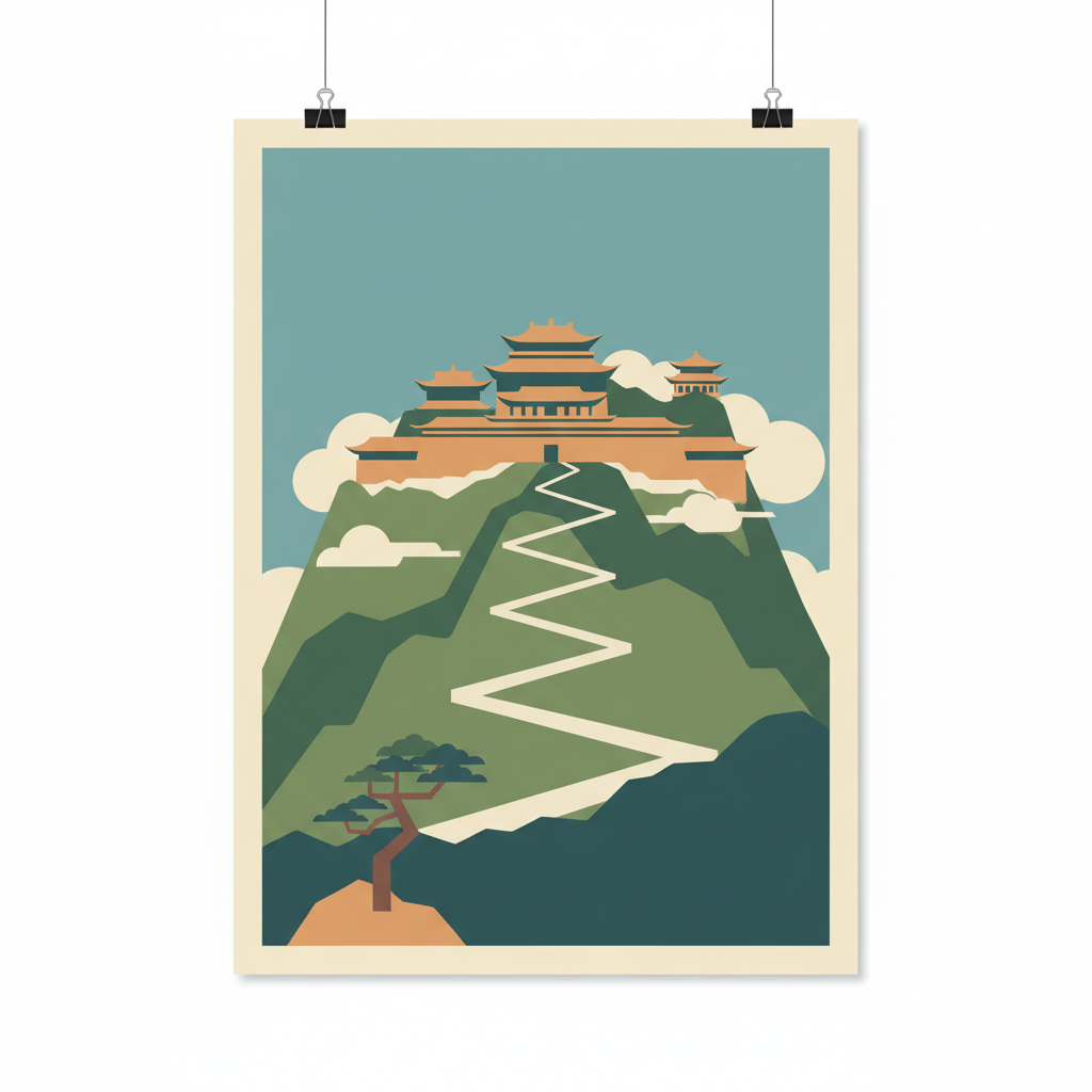 Ancient Building Complex in the Wudang Mountains — illustrated travel poster