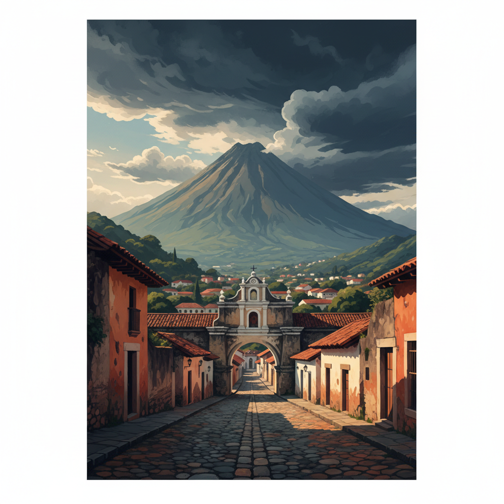 Antigua Guatemala — illustrated travel poster