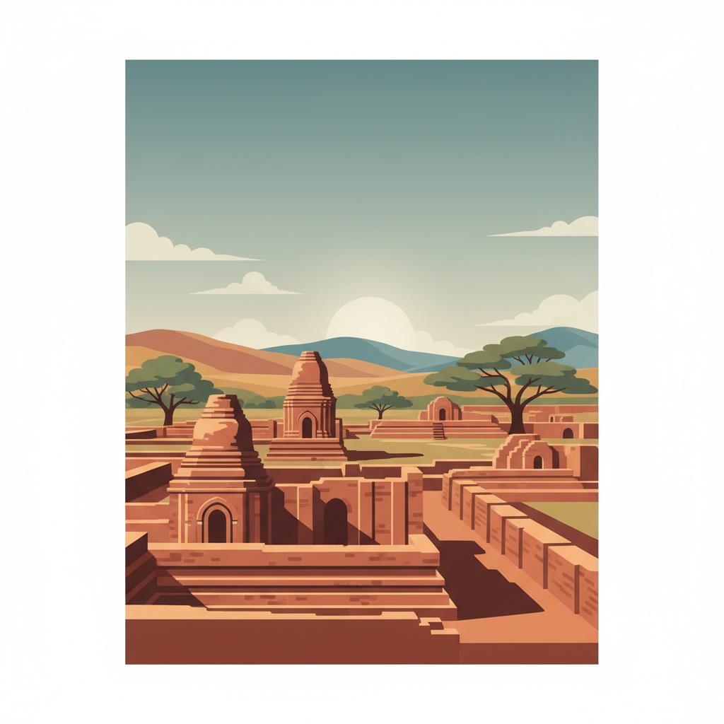 Archaeological Site of Nalanda Mahavihara at Nalanda, Bihar — illustrated travel poster