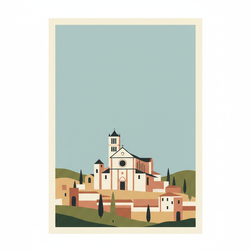 Assisi, the Basilica of San Francesco and Other Franciscan Sites — illustrated travel poster