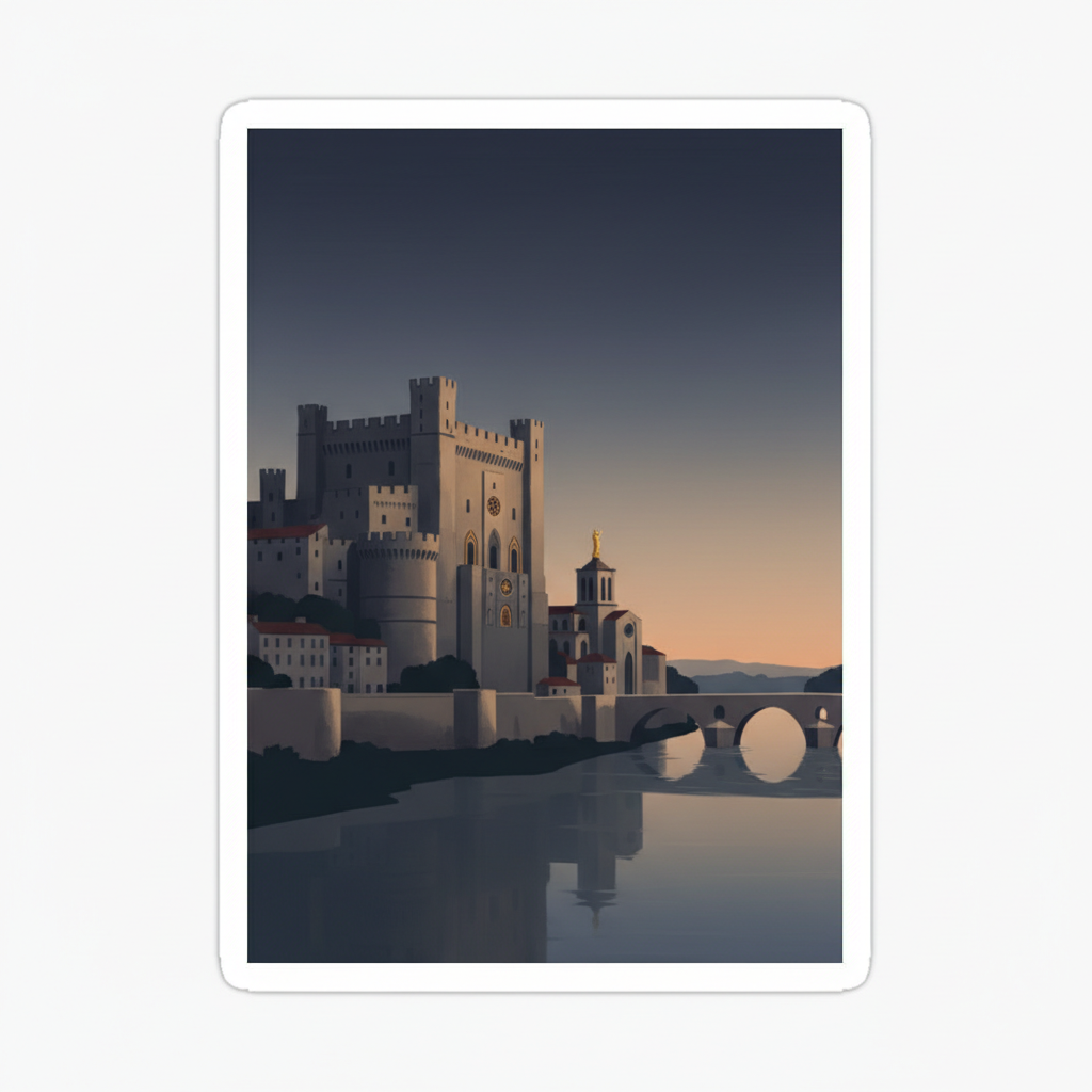 Historic Centre of Avignon: Papal Palace, Episcopal Ensemble and Avignon Bridge — illustrated travel poster