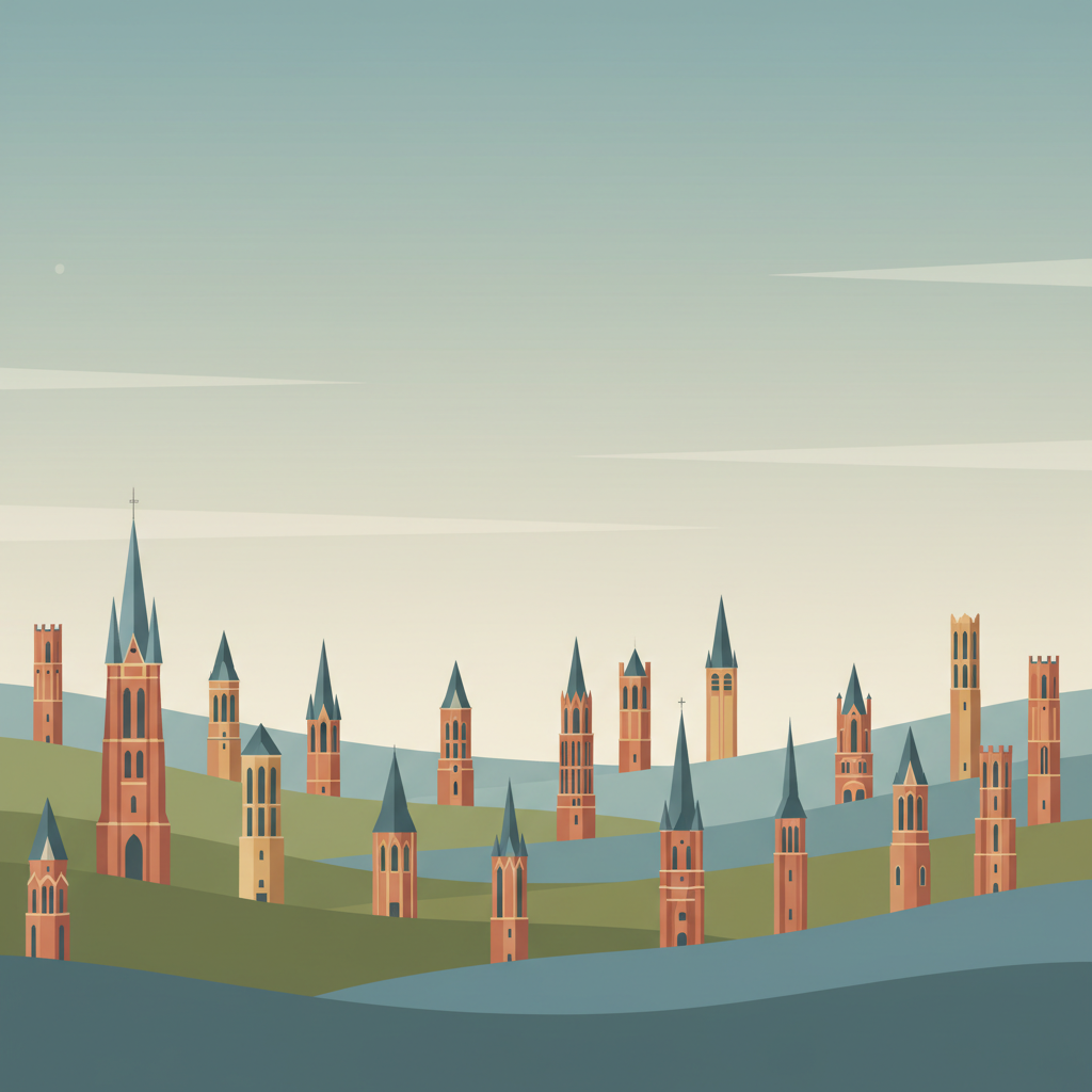 Belfries of Belgium and France — illustrated travel poster