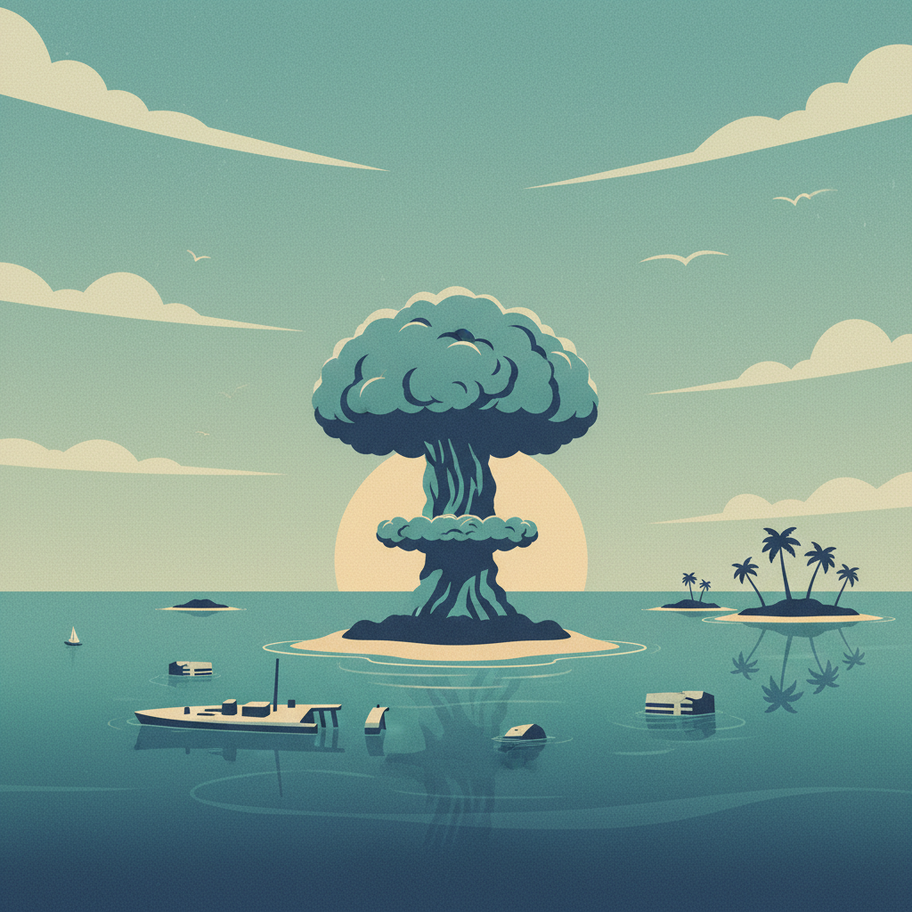 Bikini Atoll Nuclear Test Site — illustrated travel poster