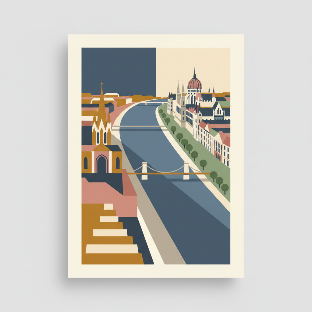 Budapest, including the Banks of the Danube, the Buda Castle Quarter and Andrássy Avenue — illustrated travel poster