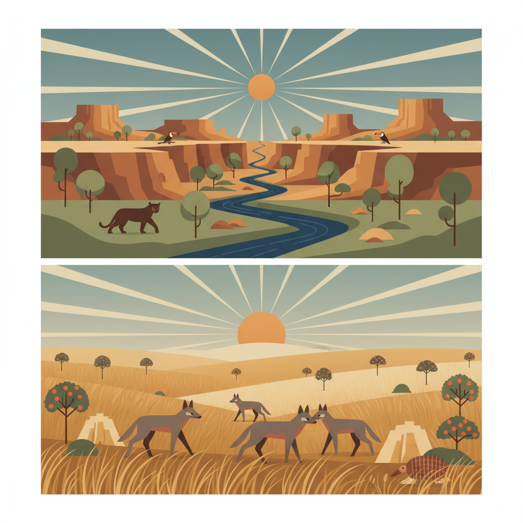 Cerrado Protected Areas: Chapada dos Veadeiros and Emas National Parks — illustrated travel poster