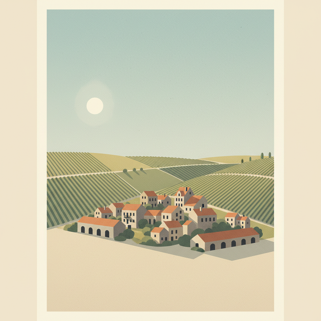 Champagne Hillsides, Houses and Cellars — illustrated travel poster