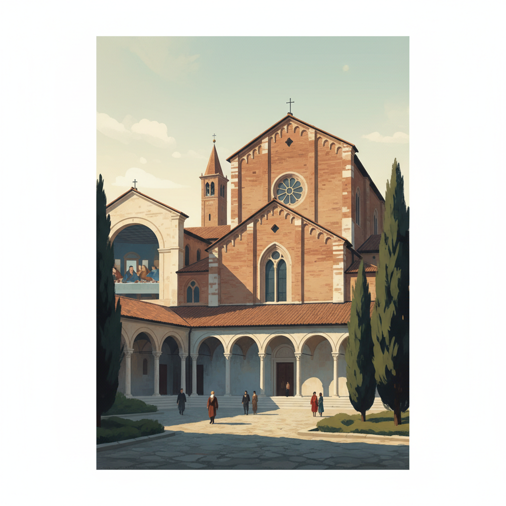 Church and Dominican Convent of Santa Maria delle Grazie with “The Last Supper” by Leonardo da Vinci — illustrated travel poster