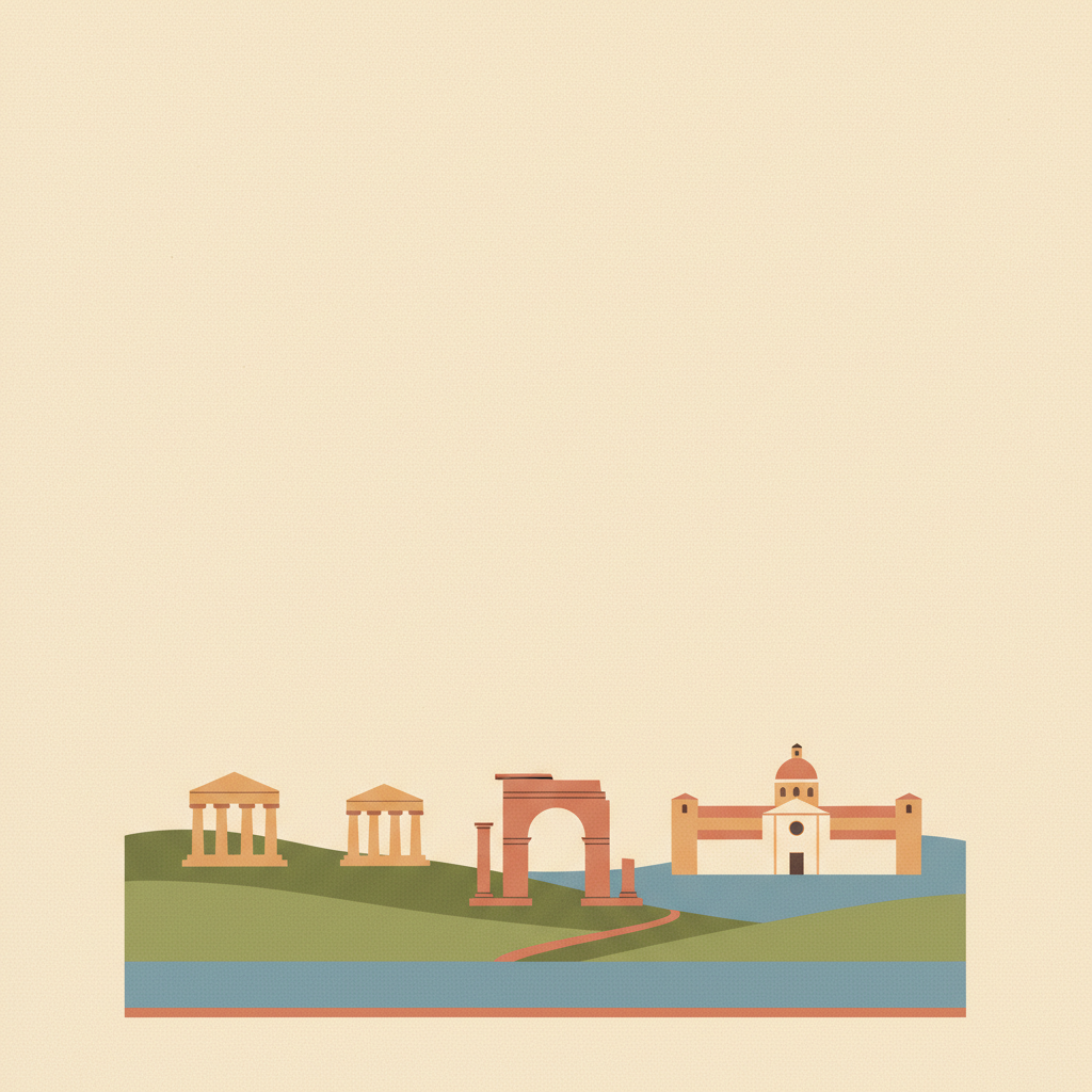 Cilento and Vallo di Diano National Park with the Archeological Sites of Paestum and Velia, and the Certosa di Padula — illustrated travel poster