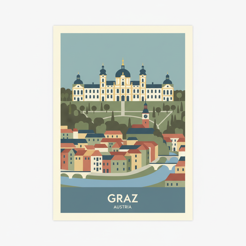 City of Graz – Historic Centre and Schloss Eggenberg — illustrated travel poster