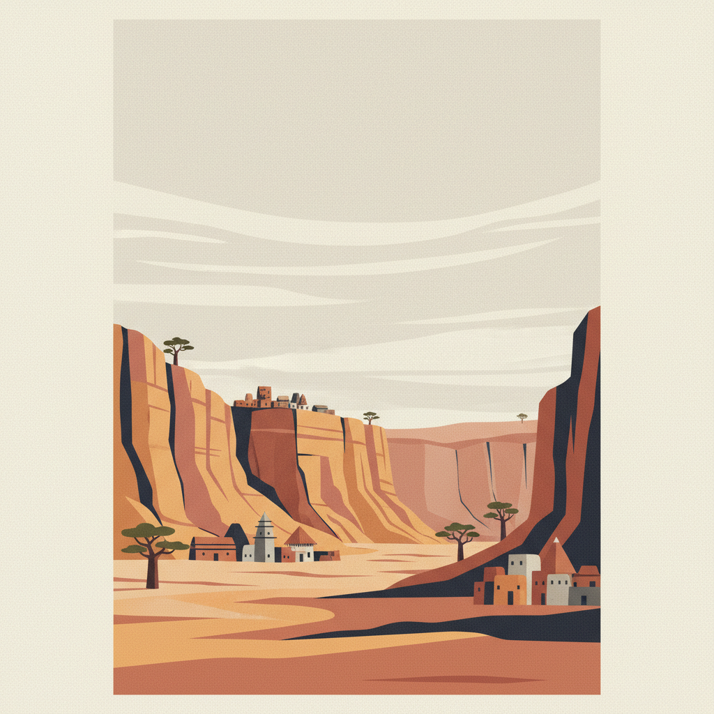 Cliff of Bandiagara (Land of the Dogons) — illustrated travel poster