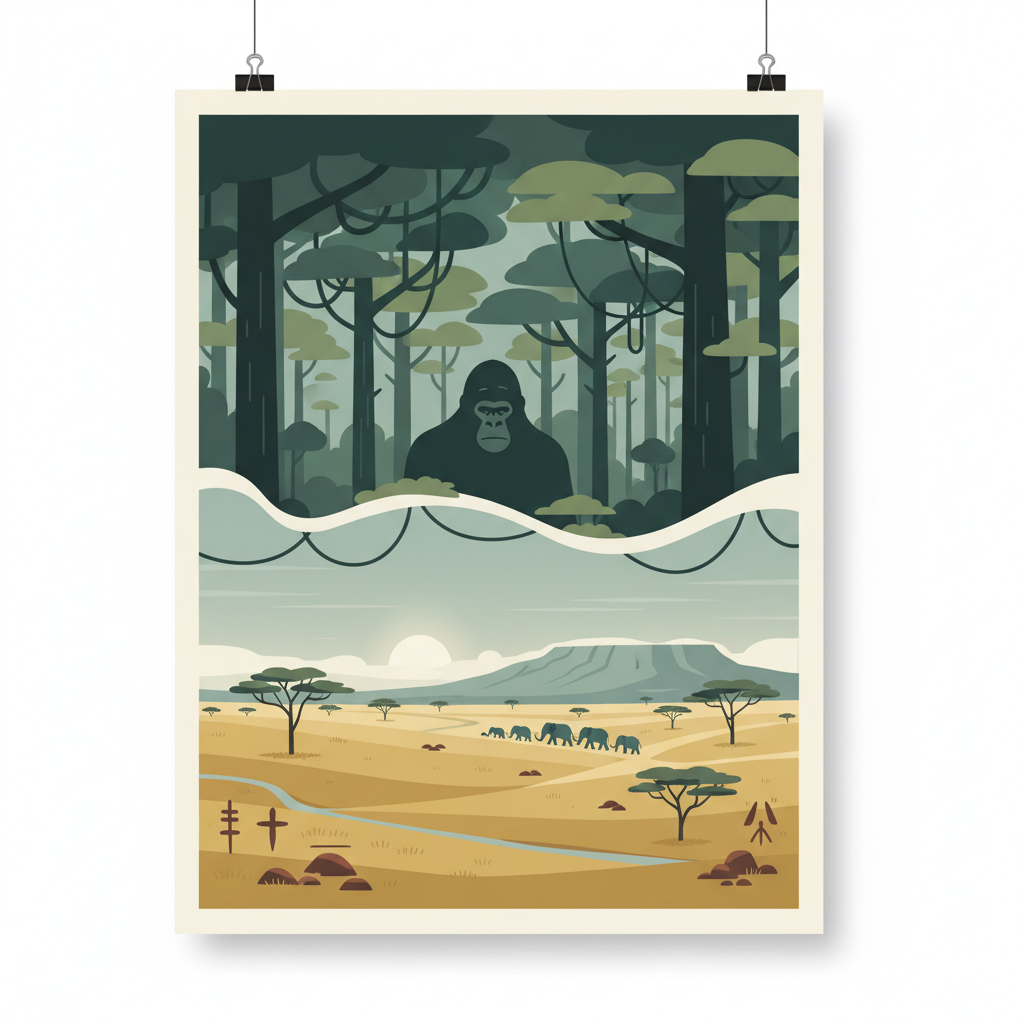 Ecosystem and Relict Cultural Landscape of Lopé-Okanda — illustrated travel poster