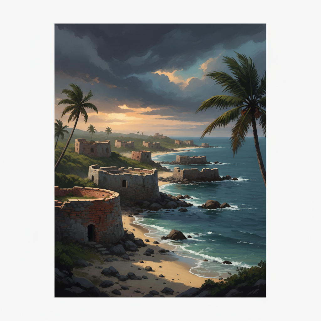 Forts and Castles, Volta, Greater Accra, Central and Western Regions — illustrated travel poster