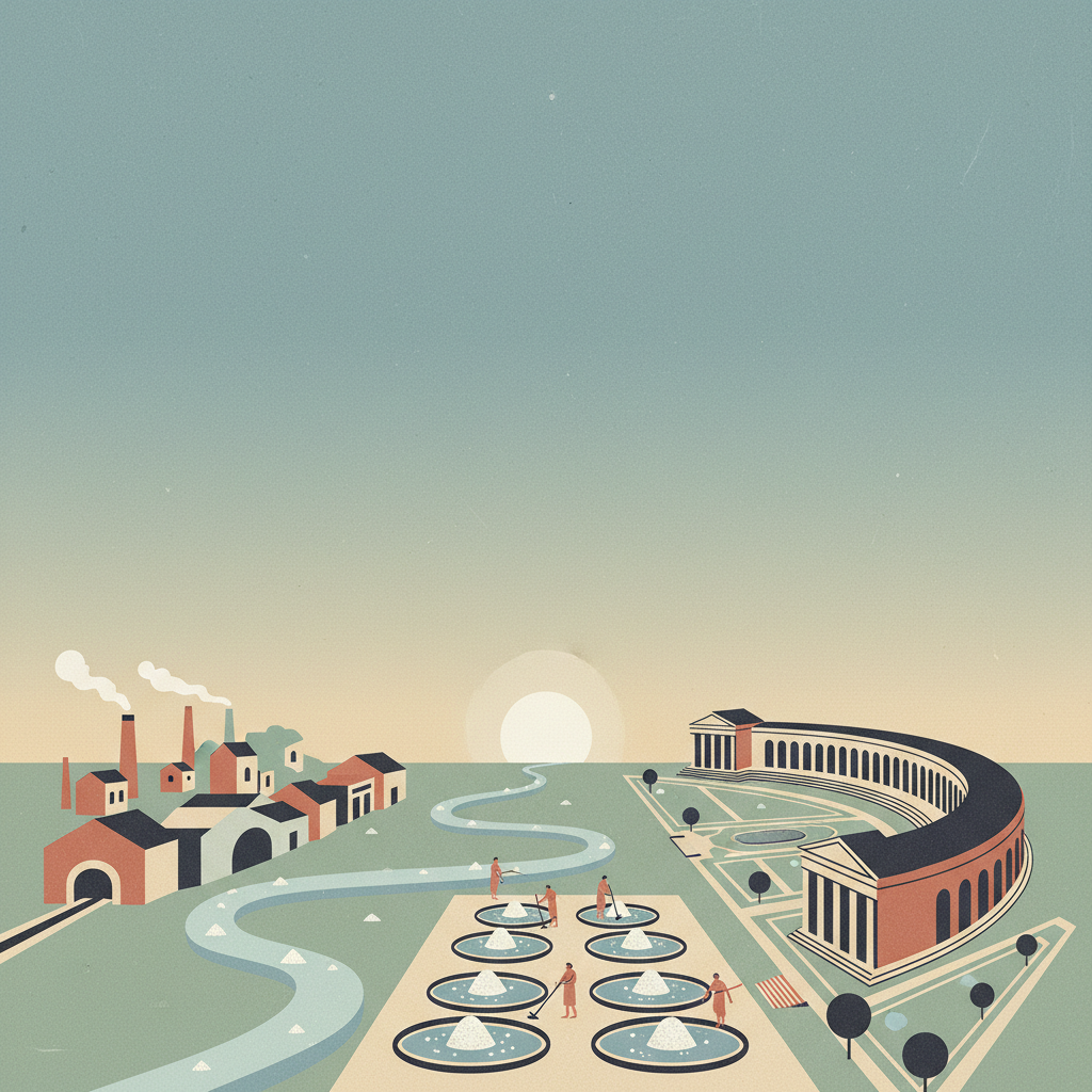 From the Great Saltworks of Salins-les-Bains to the Royal Saltworks of Arc-et-Senans, the Production of Open-pan Salt — illustrated travel poster