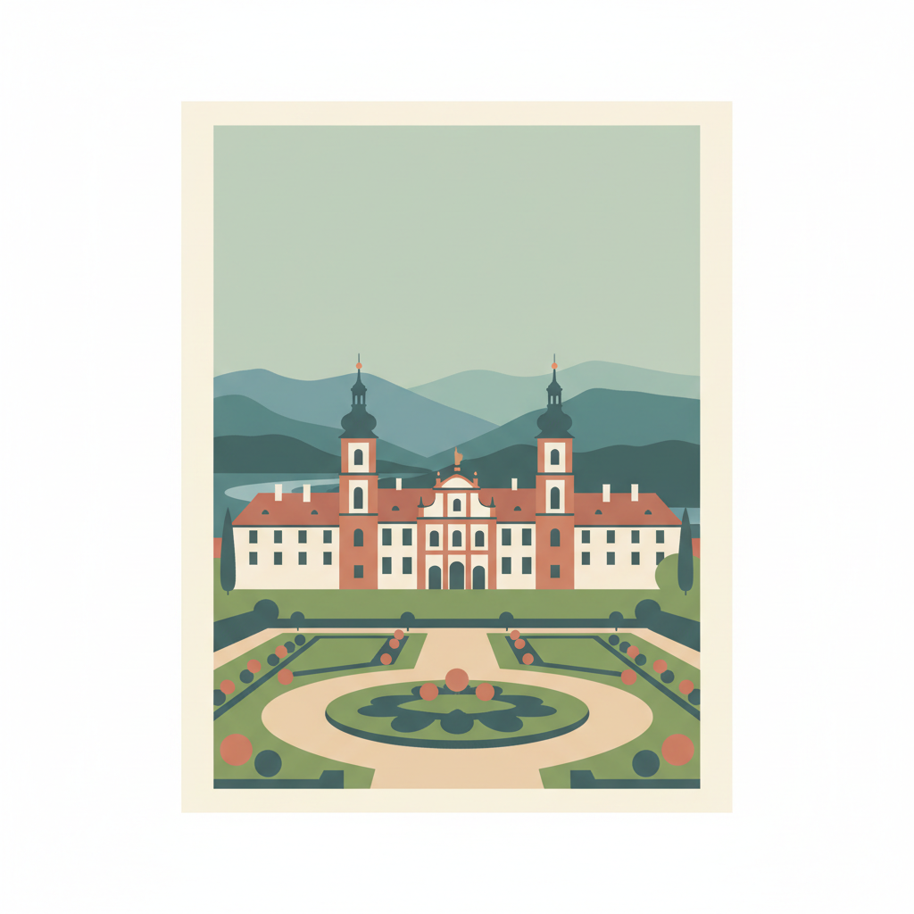 Gardens and Castle at Kroměříž — illustrated travel poster