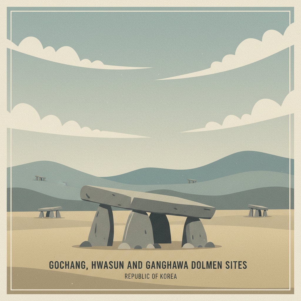Gochang, Hwasun and Ganghwa Dolmen Sites — illustrated travel poster