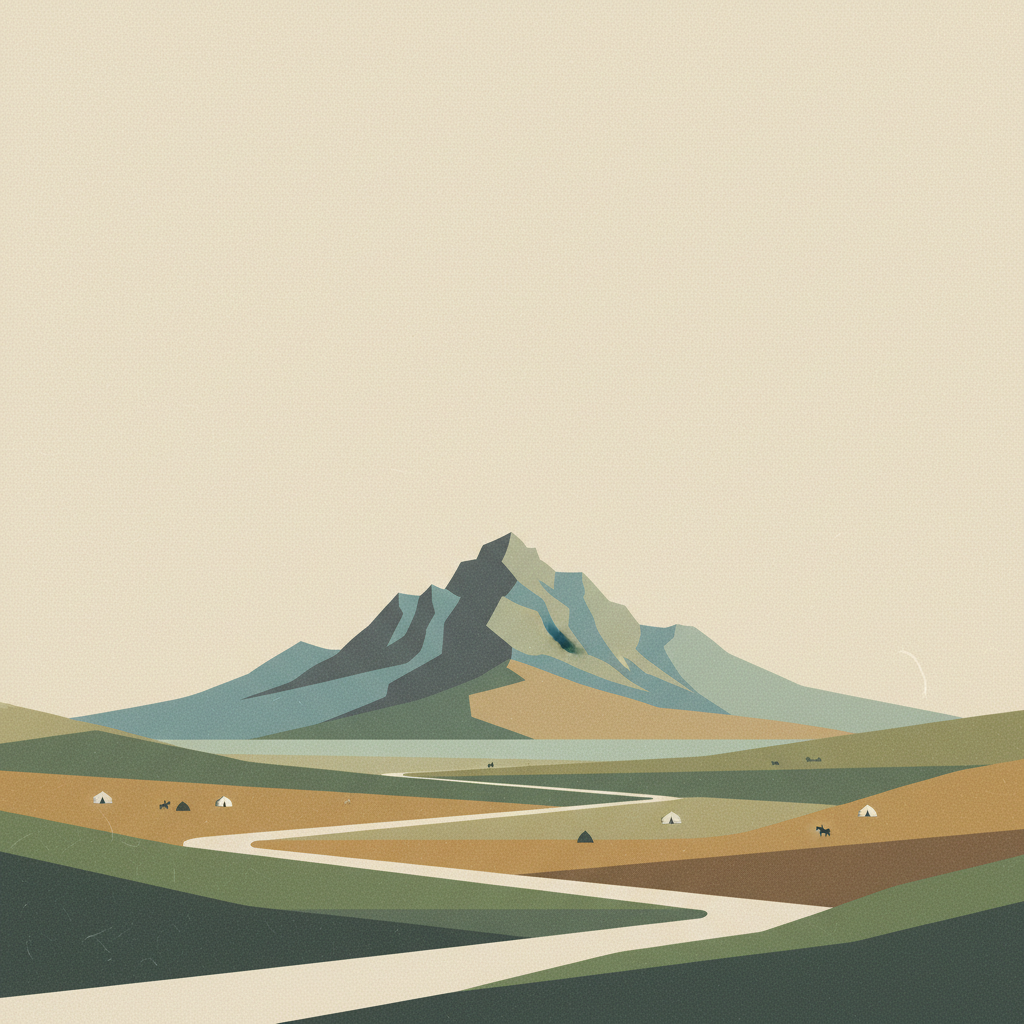 Great Burkhan Khaldun Mountain and its surrounding sacred landscape — illustrated travel poster