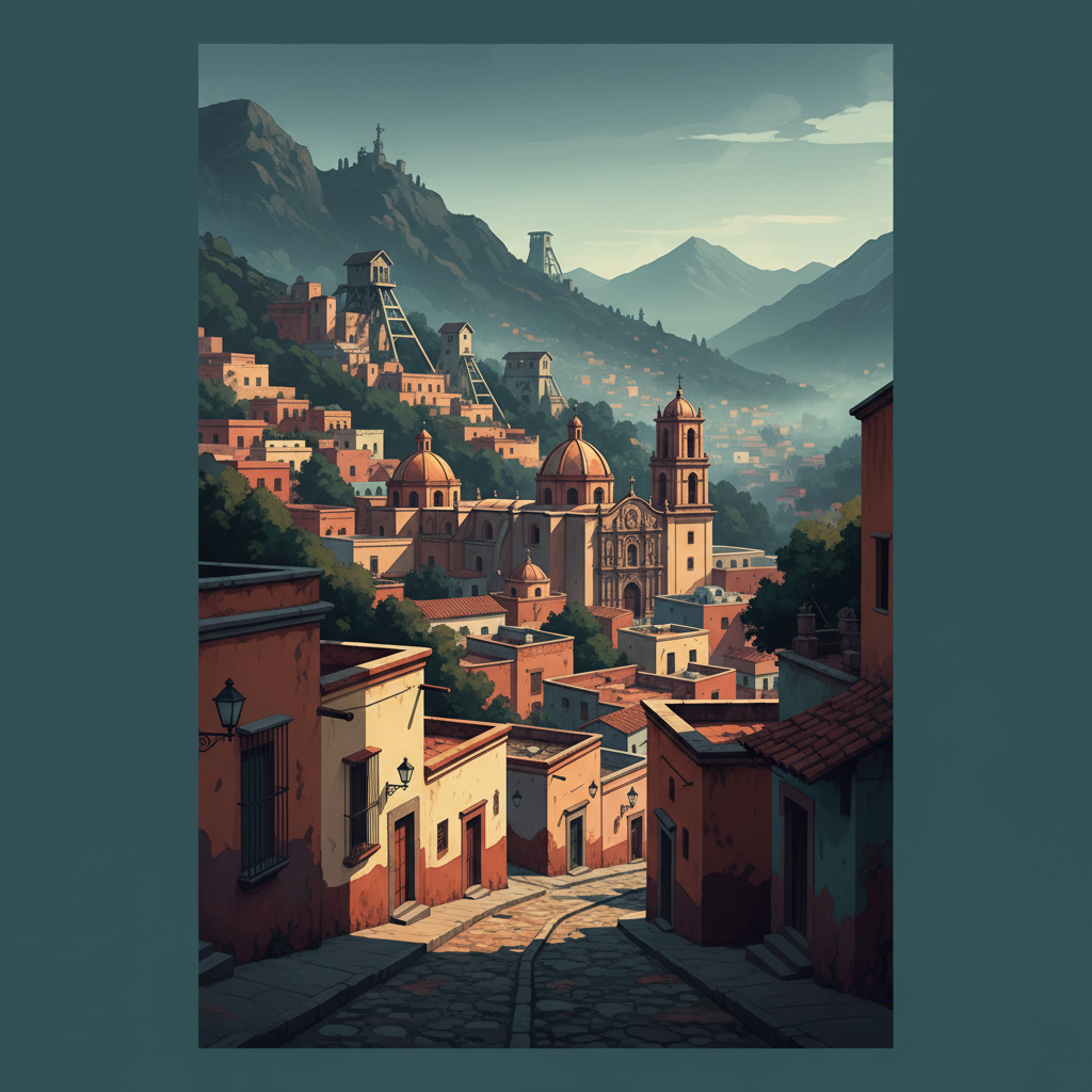 Historic Town of Guanajuato and Adjacent Mines — illustrated travel poster