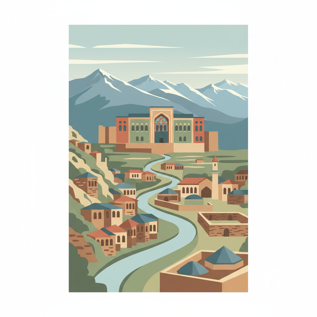 Historic Centre of Sheki with the Khan’s Palace — illustrated travel poster