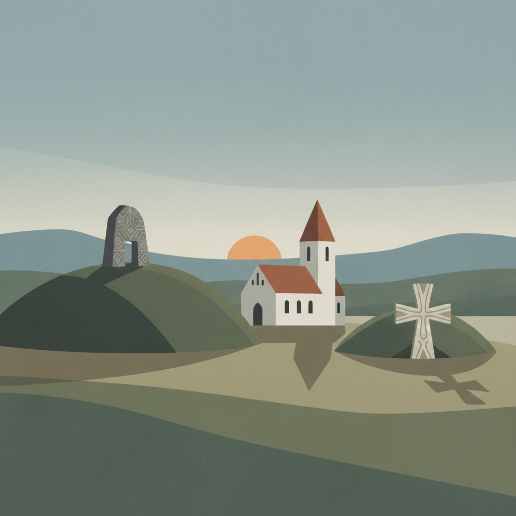 Jelling Mounds, Runic Stones and Church — illustrated travel poster