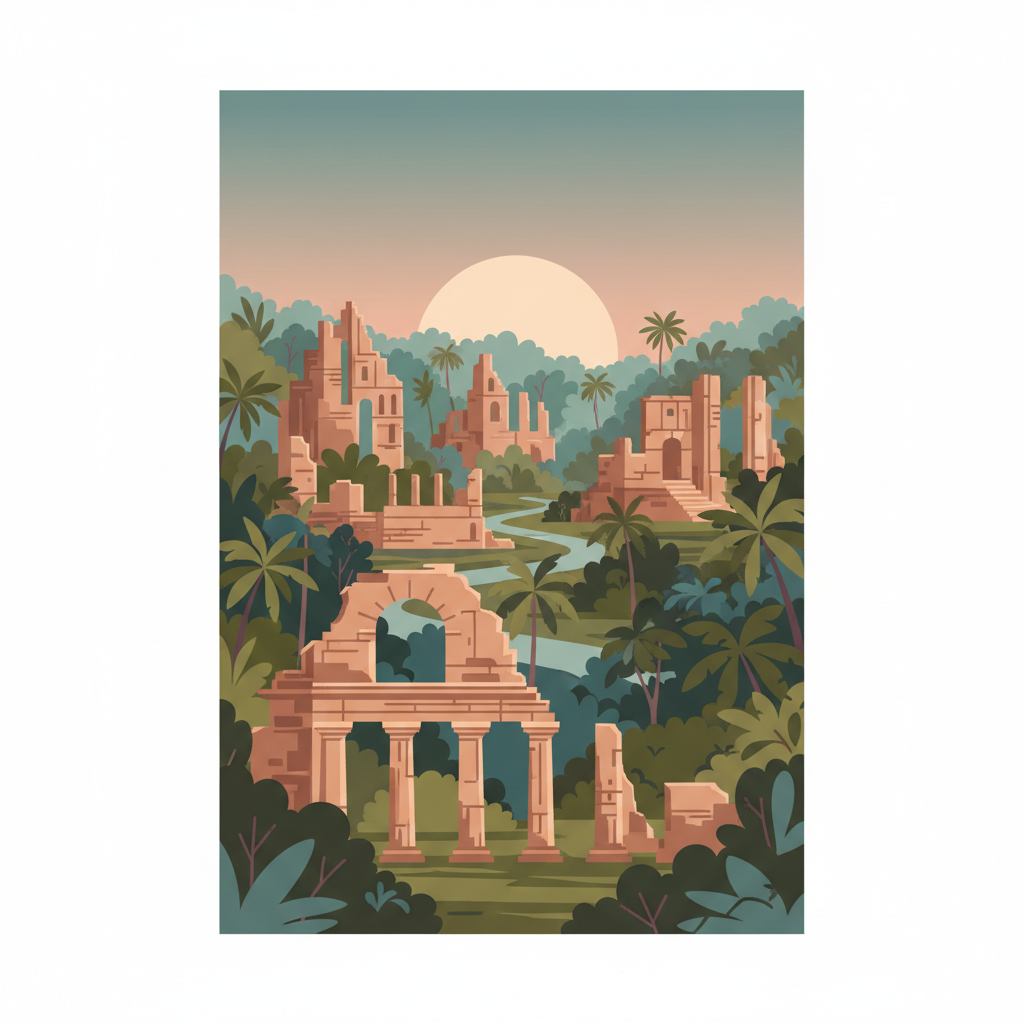 Jesuit Missions of the Guaranis: San Ignacio Mini, Santa Ana, Nuestra Señora de Loreto and Santa Maria Mayor (Argentina), Ruins of Sao Miguel das Missoes (Brazil) — illustrated travel poster