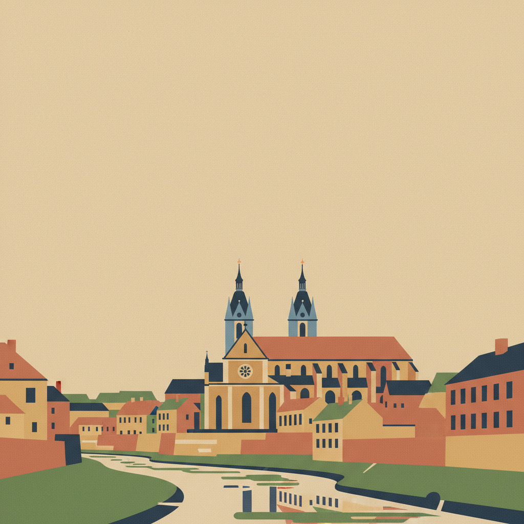 Jewish Quarter and St Procopius' Basilica in Třebíč — illustrated travel poster
