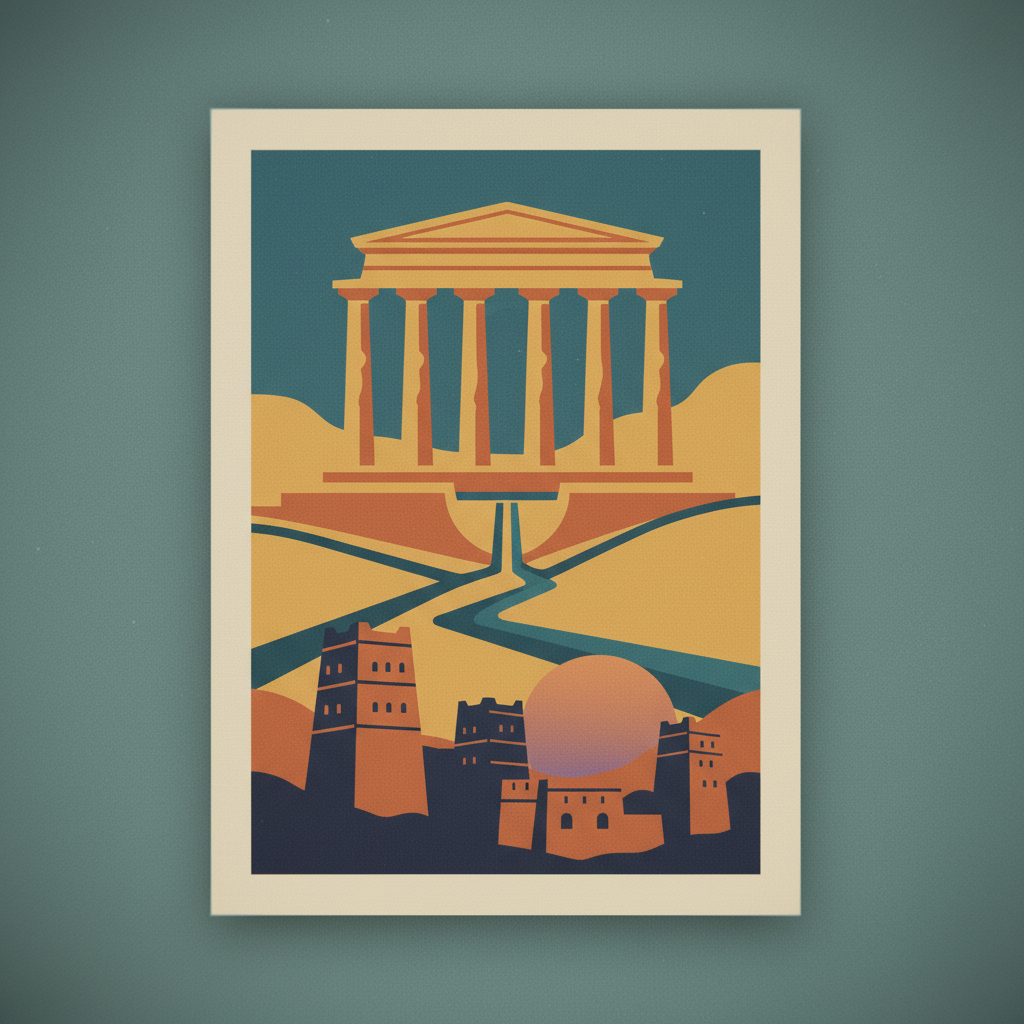 Landmarks of the Ancient Kingdom of Saba, Marib — illustrated travel poster