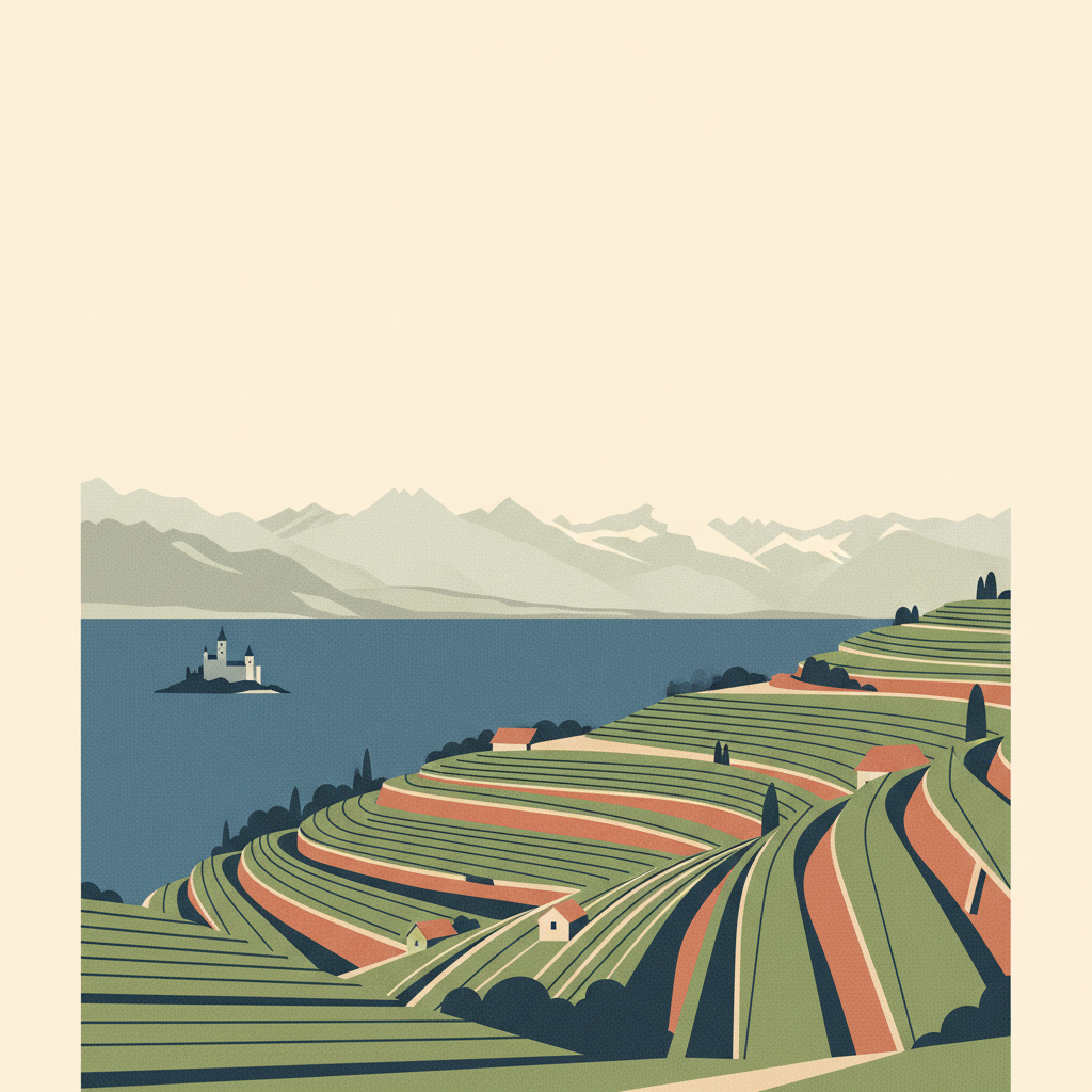 Lavaux, Vineyard Terraces — illustrated travel poster