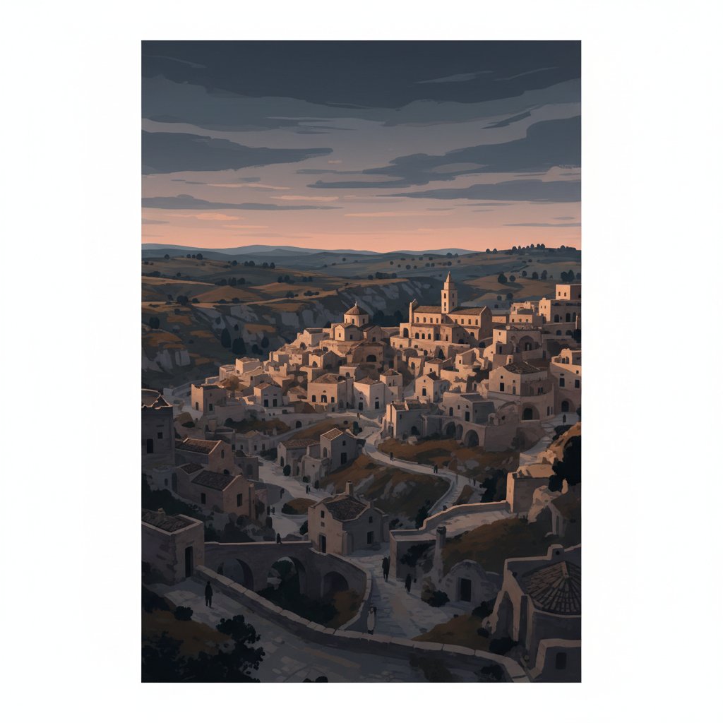The Sassi and the Park of the Rupestrian Churches of Matera — illustrated travel poster