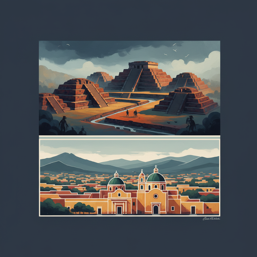Historic Centre of Oaxaca and Archaeological Site of Monte Albán — illustrated travel poster
