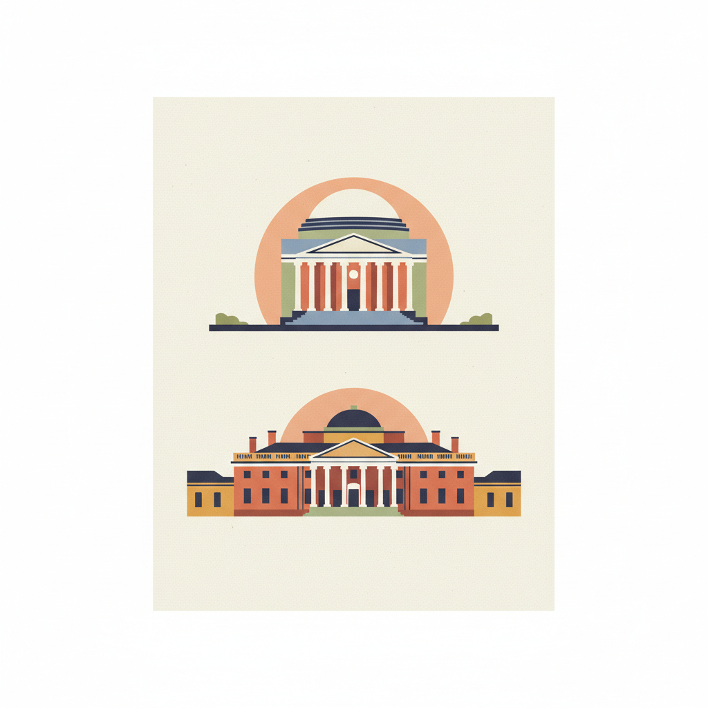 Monticello and the University of Virginia in Charlottesville — illustrated travel poster