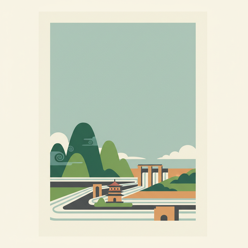 Mount Qingcheng and the Dujiangyan Irrigation System — illustrated travel poster