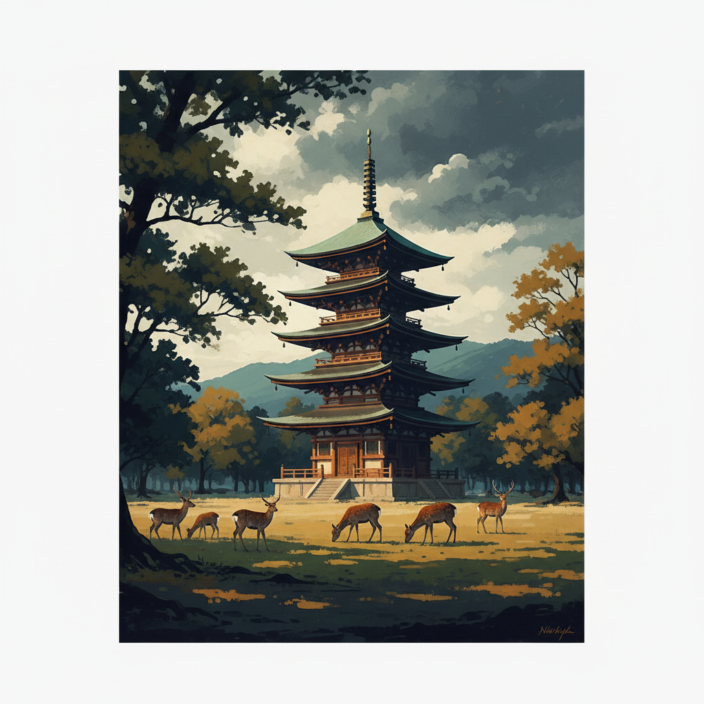 Historic Monuments of Ancient Nara — illustrated travel poster