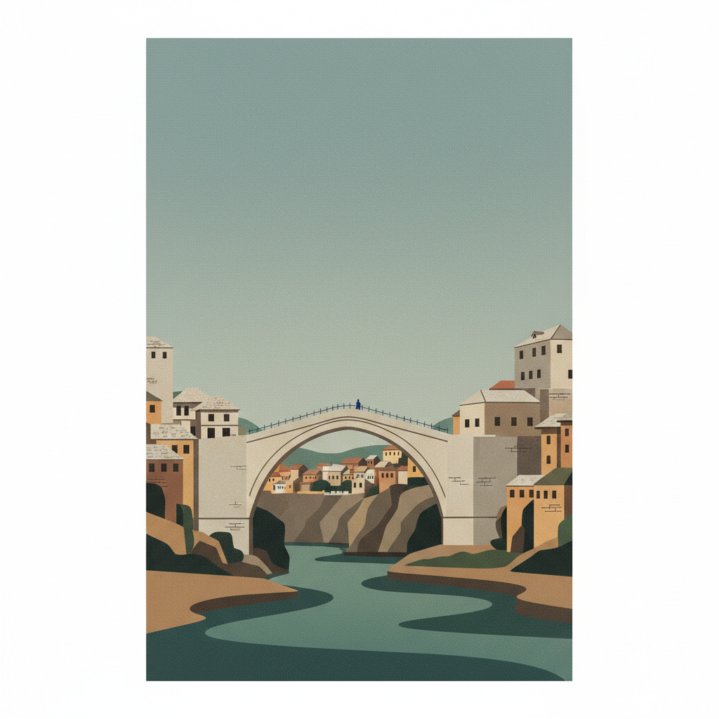 Old Bridge Area of the Old City of Mostar — illustrated travel poster