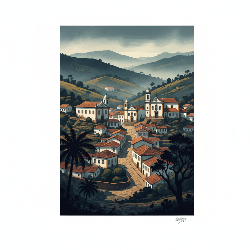Historic Town of Ouro Preto — illustrated travel poster