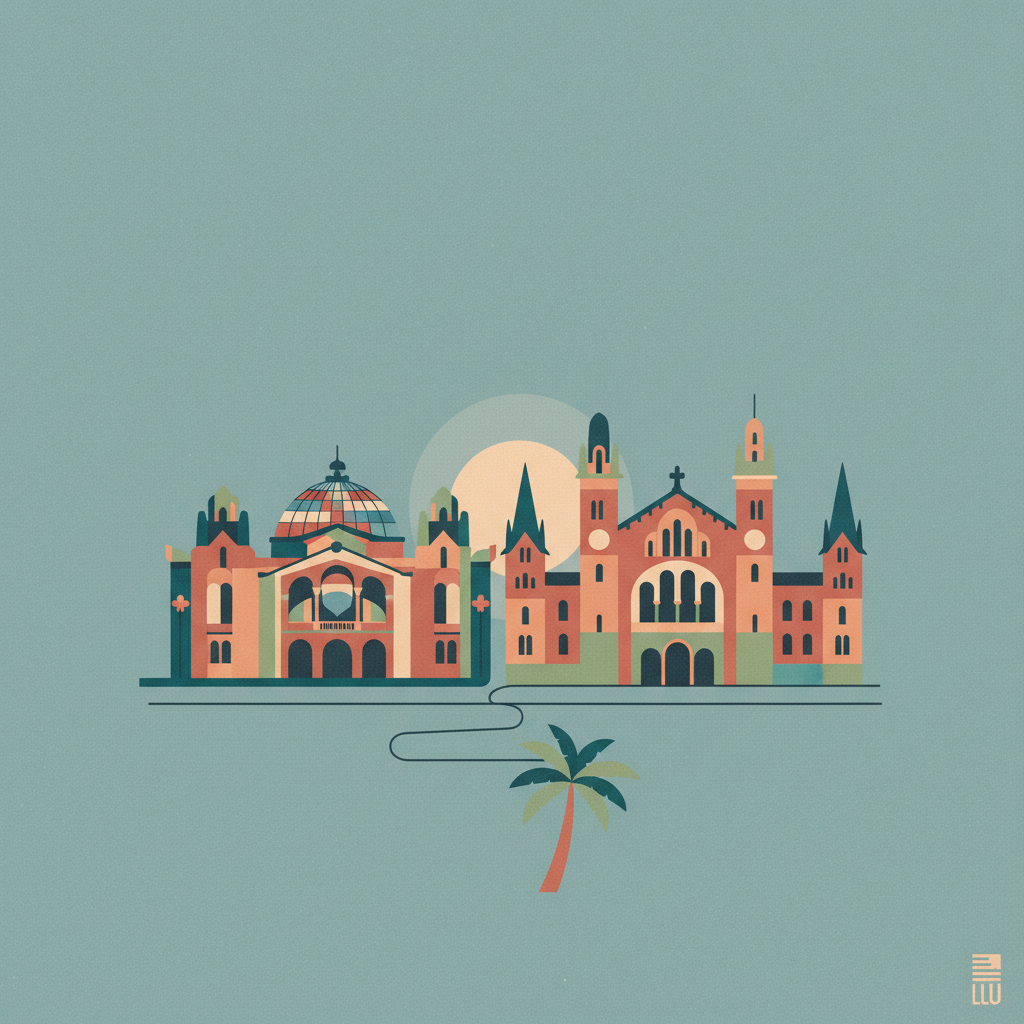 Palau de la Música Catalana and Hospital de Sant Pau, Barcelona — illustrated travel poster