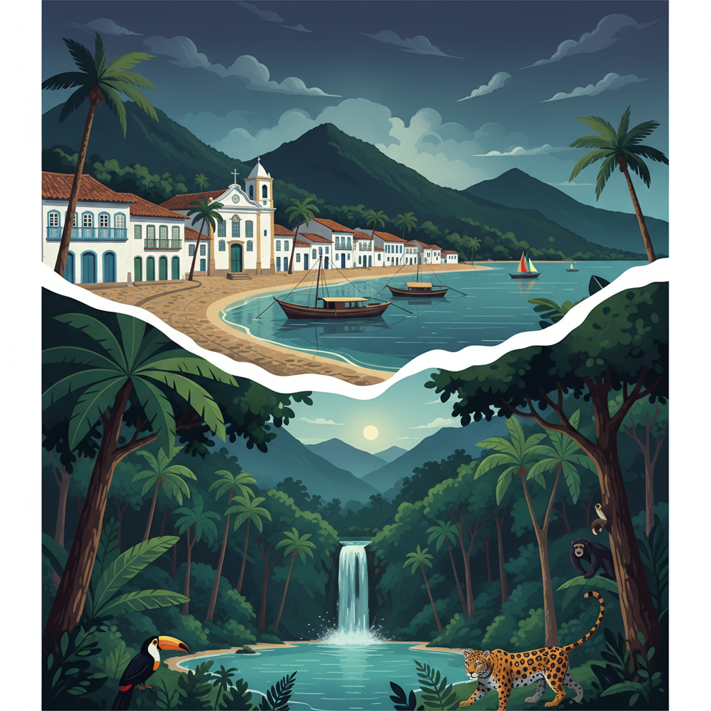 Paraty and Ilha Grande – Culture and Biodiversity — illustrated travel poster