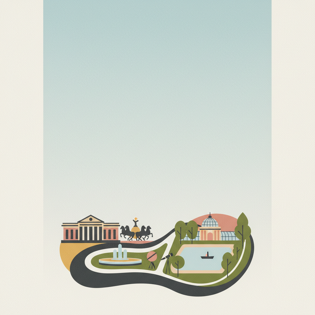 Paseo del Prado and Buen Retiro, a landscape of Arts and Sciences — illustrated travel poster