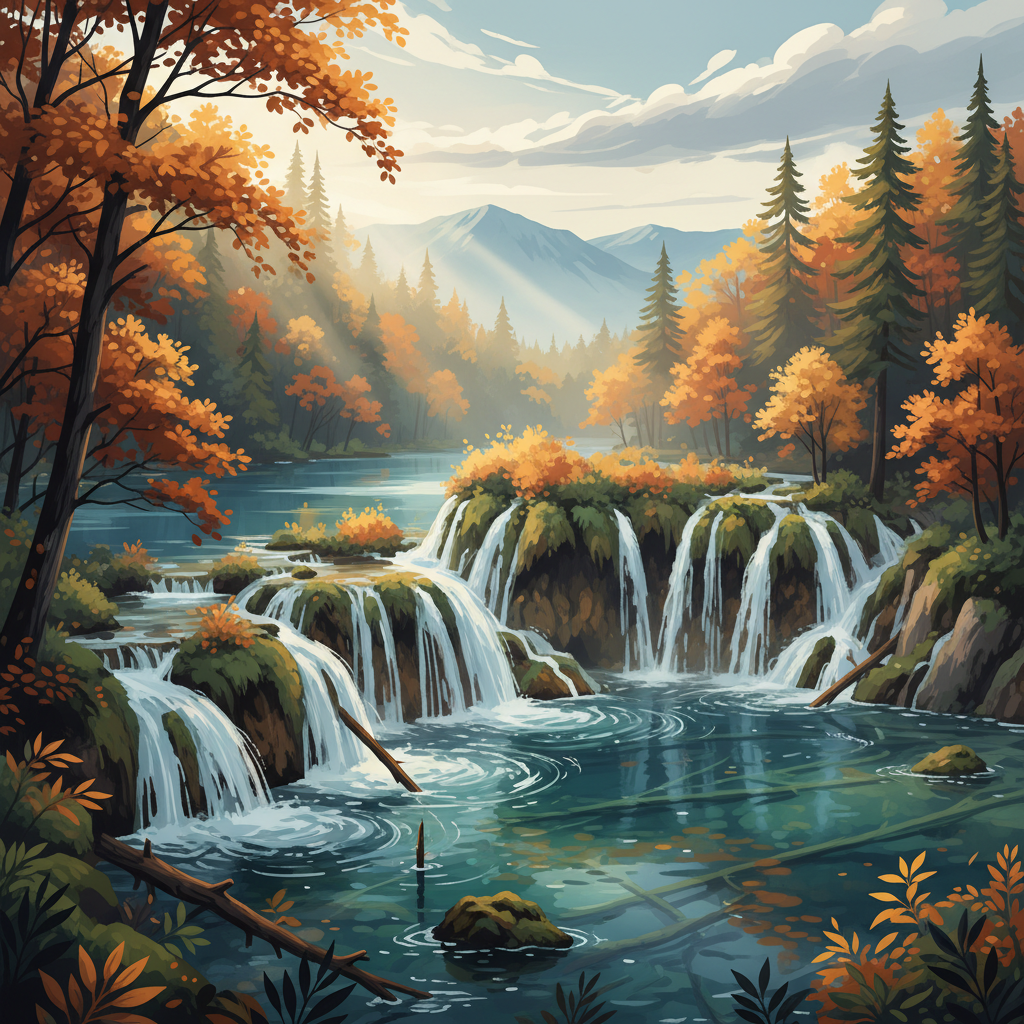 Plitvice Lakes National Park — illustrated travel poster