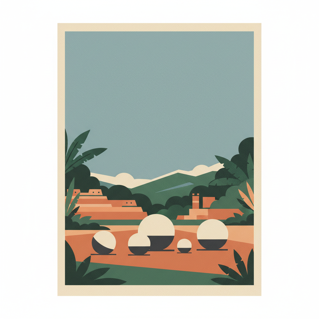 Precolumbian Chiefdom Settlements with Stone Spheres of the Diquís — illustrated travel poster