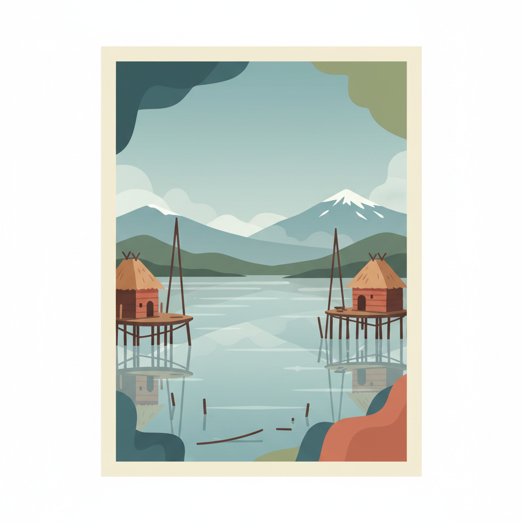 Prehistoric Pile Dwellings around the Alps — illustrated travel poster