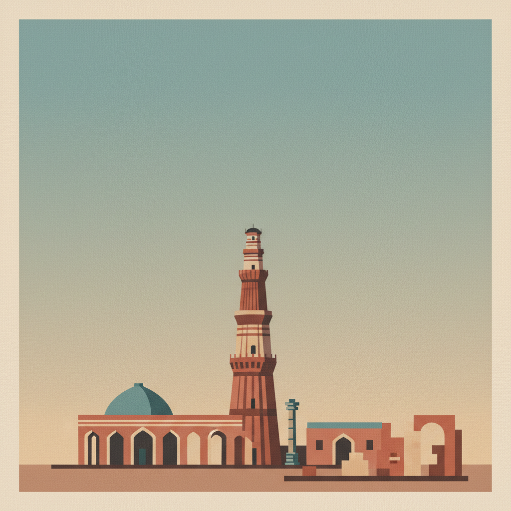 Qutb Minar and its Monuments, Delhi — illustrated travel poster