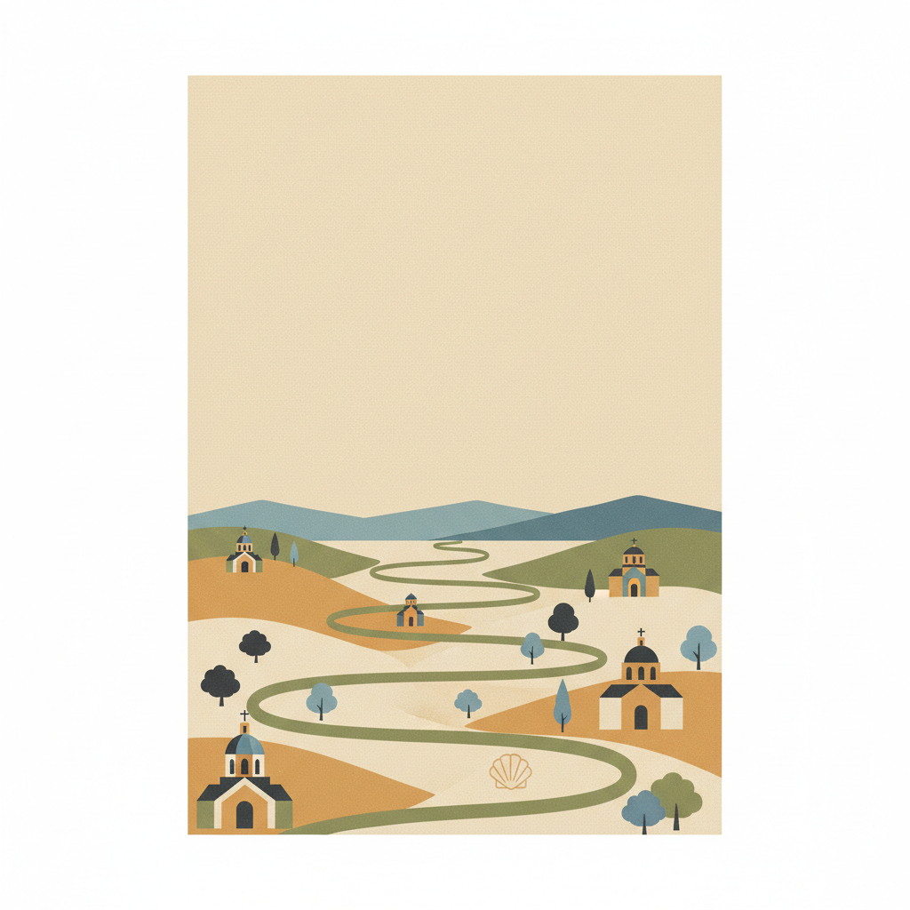 Routes of Santiago de Compostela: <i>Camino Francés</i> and Routes of Northern Spain — illustrated travel poster