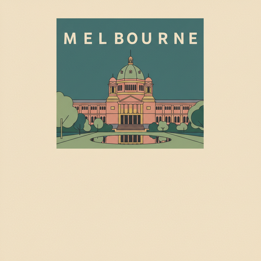 Royal Exhibition Building and Carlton Gardens — illustrated travel poster