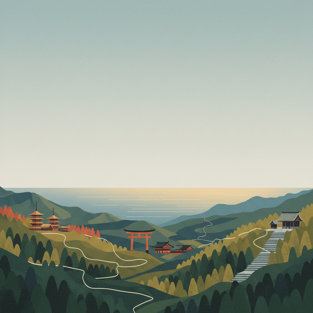 Sacred Sites and Pilgrimage Routes in the Kii Mountain Range — illustrated travel poster