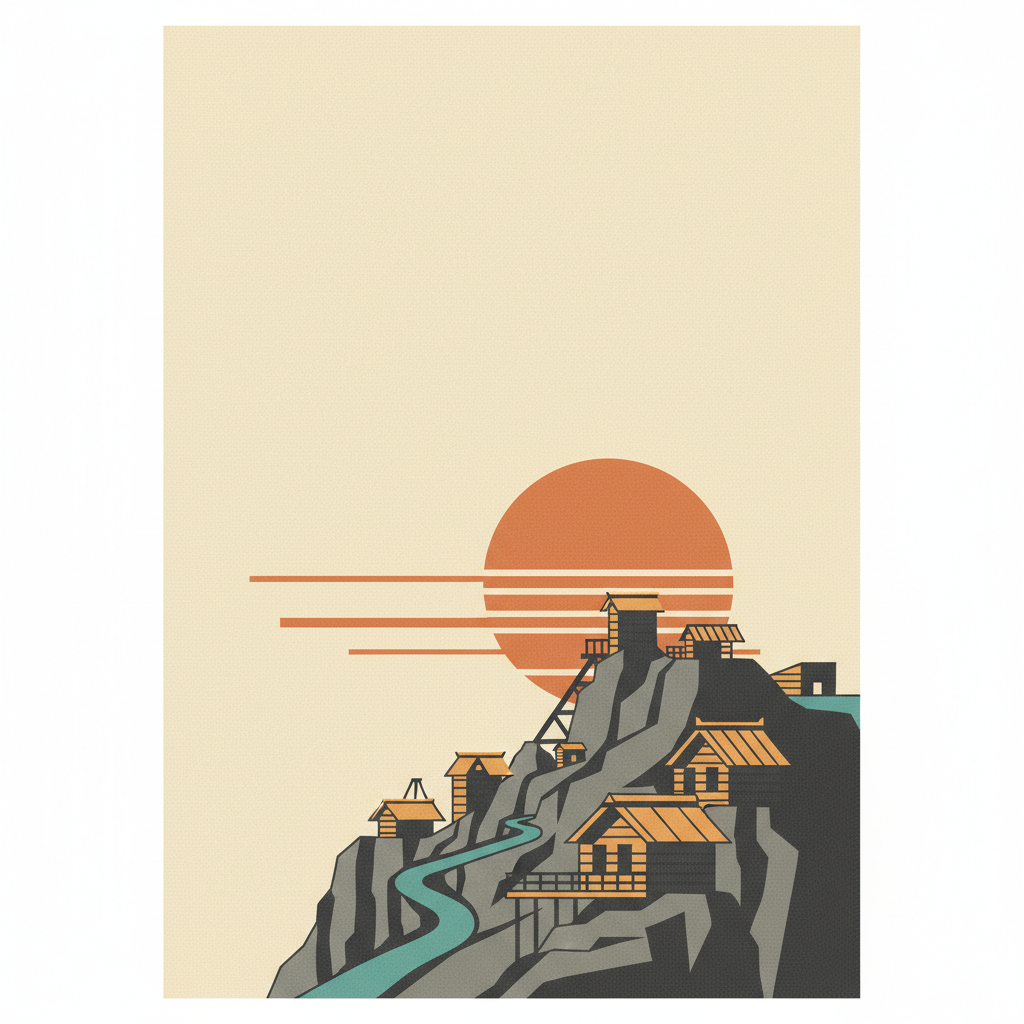 Sado Island Gold Mines — illustrated travel poster