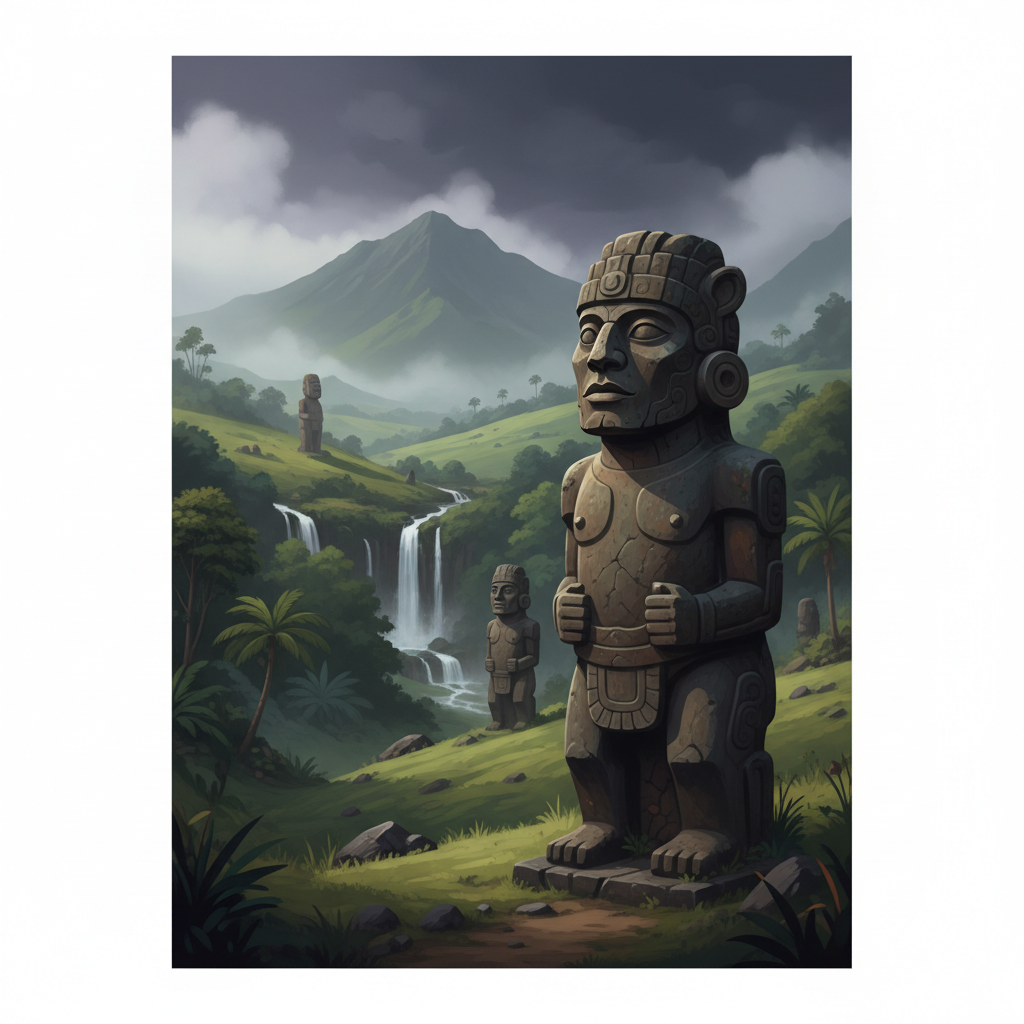 San Agustín Archaeological Park — illustrated travel poster