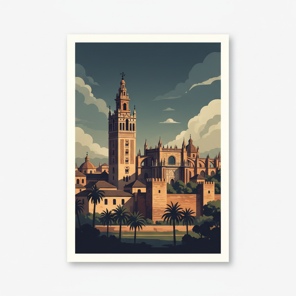 Cathedral, Alcázar and Archivo de Indias in Seville — illustrated travel poster