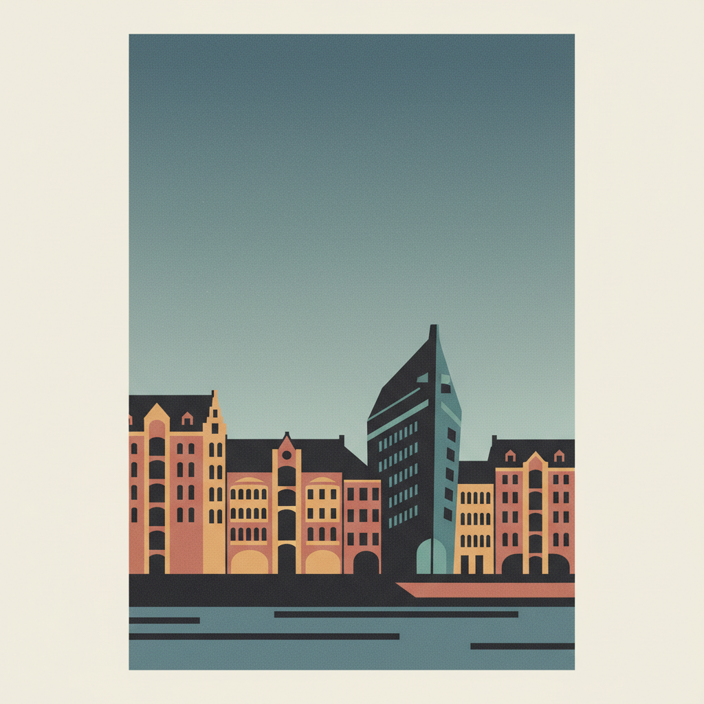 Speicherstadt and Kontorhaus District with Chilehaus — illustrated travel poster